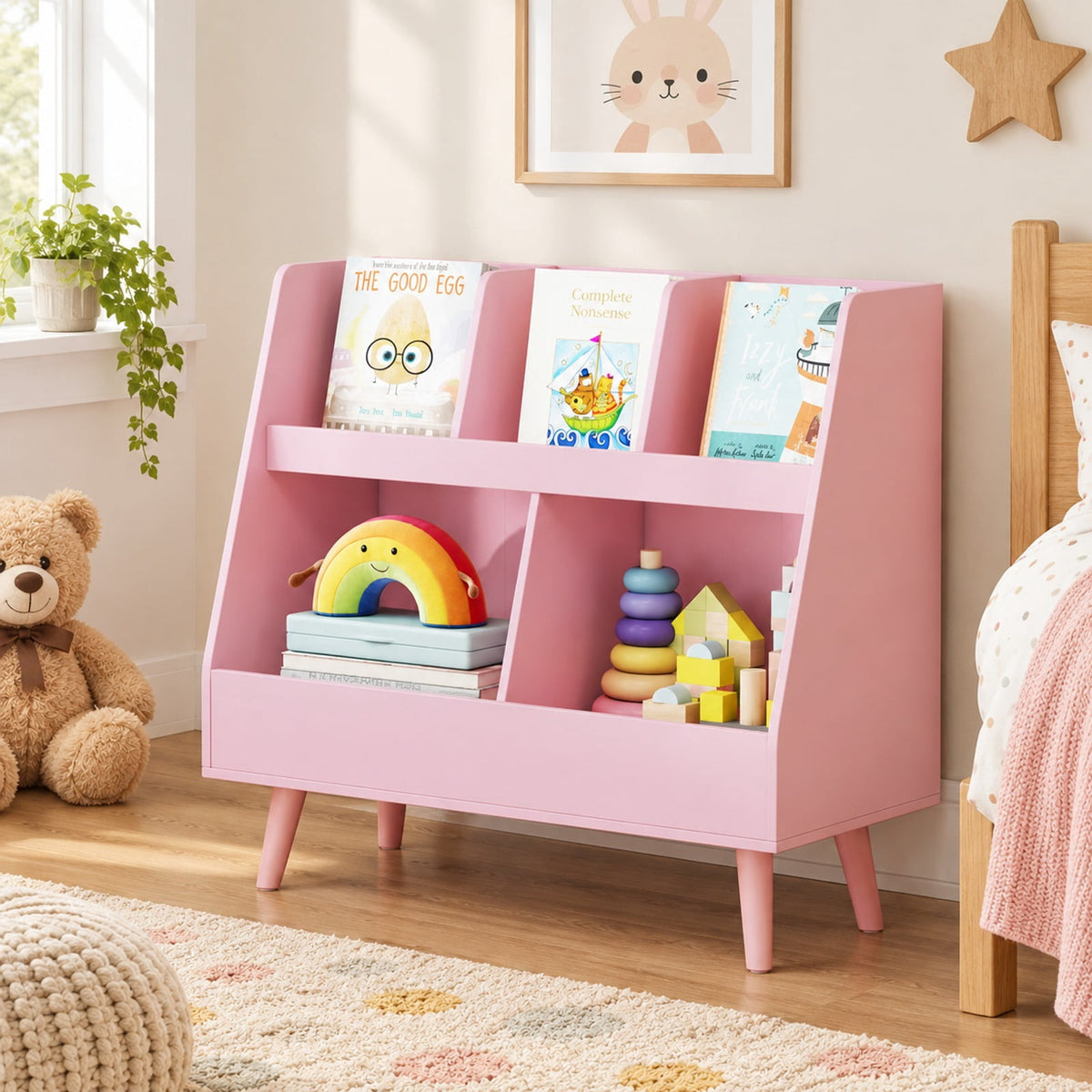 Airfind 5-Cube Kids Bookshelf and Toy Organizer with Anti-Tipping Kits, 68 lbs Capacity, MDF Solid Wood Frame, Pink