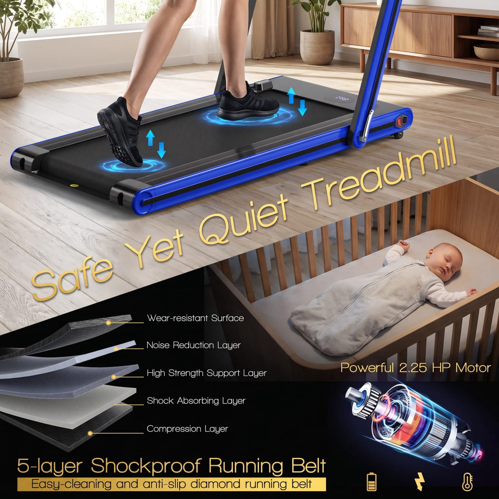 Airfind 2 in 1 Folding Treadmill with 2.25 HP Motor and Dual LED Display for Home Office Under Desk Walking and Jogging, Navy