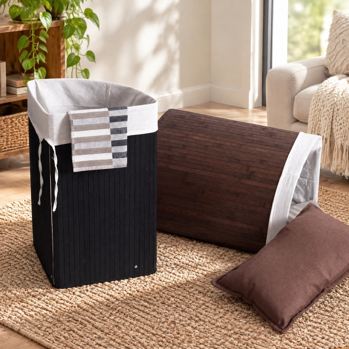 Airfind Corner Bamboo Hamper Laundry Basket, Bamboo and polyester cotton Frame, Brown, Easy to carry with a handle on each side