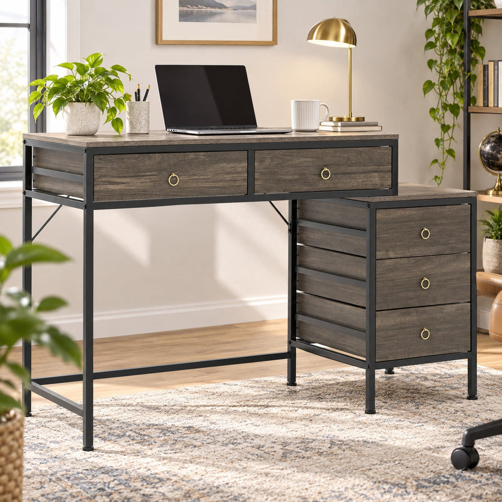 Airfind Computer Desk with 5 Drawers Home Office Desk with Side File Cabinet, 380 lbs Capacity, Engineered Wood Metal MDF Frame, Brown