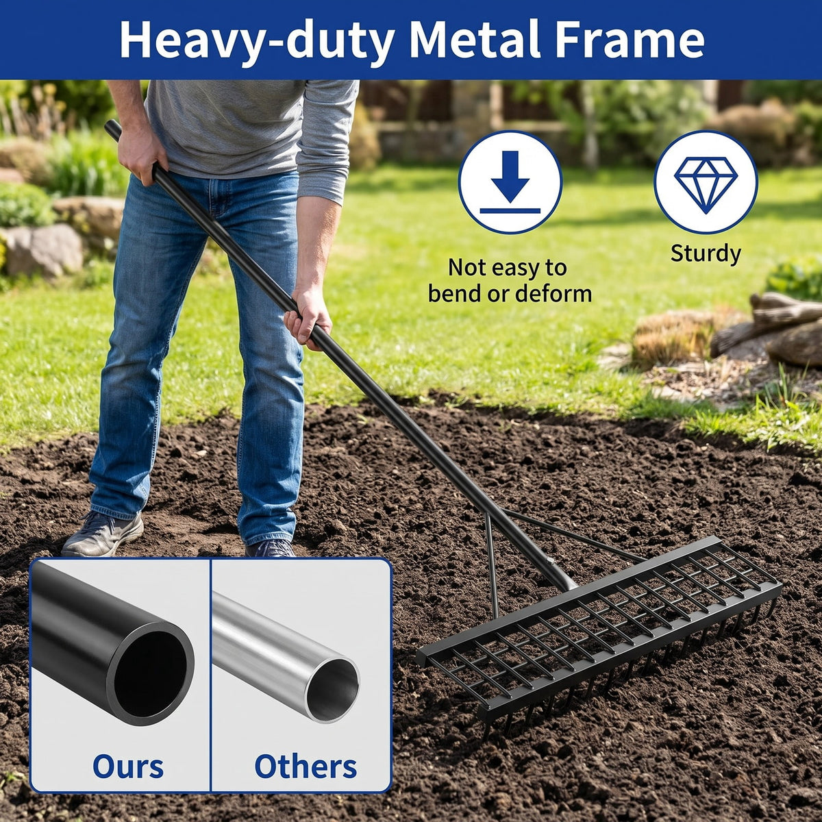 Airfind Lawn Leveling Rake 46 x 10 Inch Heavy Duty Lawn Level Tool for Soil, Metal PVC Plate Frame, 46 x 10 Handle Length 67 Footprint, Black