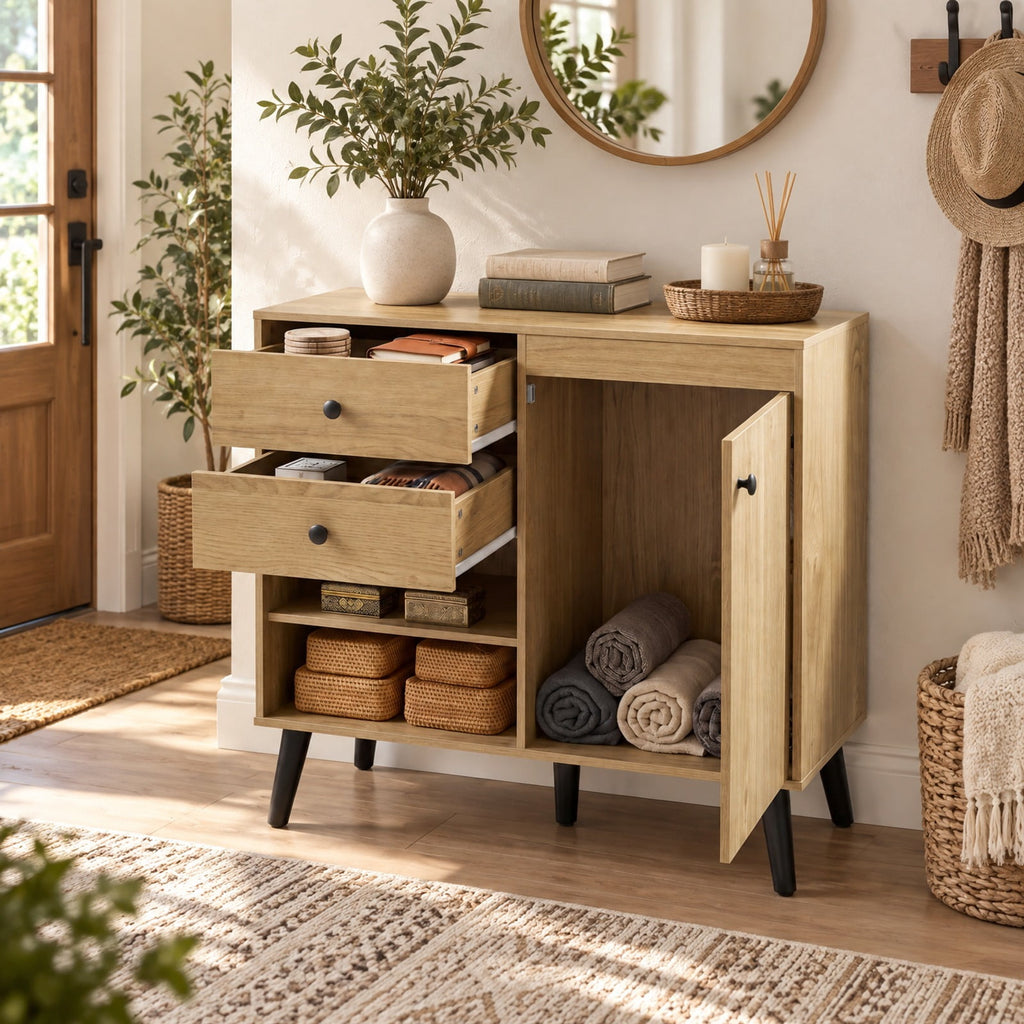 Airfind 31 Inch Sideboard Cabinet, with 2 Open Compartments and 2 Drawers, 135 lbs Capacity, Engineered Wood Frame, 31 Inch x 14 Inch x 31 Inch Footprint, Natural