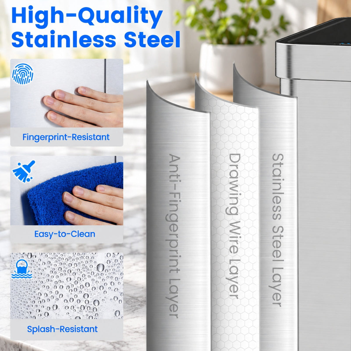 Airfind 16 Gallon Trash Can with Wing Lids for Bedroom Bathroom Kitchen, Stainless Steel ABS Frame, Silver