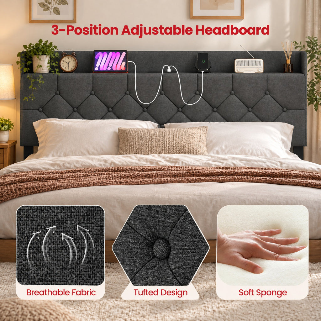 Airfind Full/Queen Size Floating Bed Frame with LED and Headboard and Charging Station, 660 lbs Capacity, 78.5 Inch x 55.5 Inch x 34 Inch Bed Platform Footprint