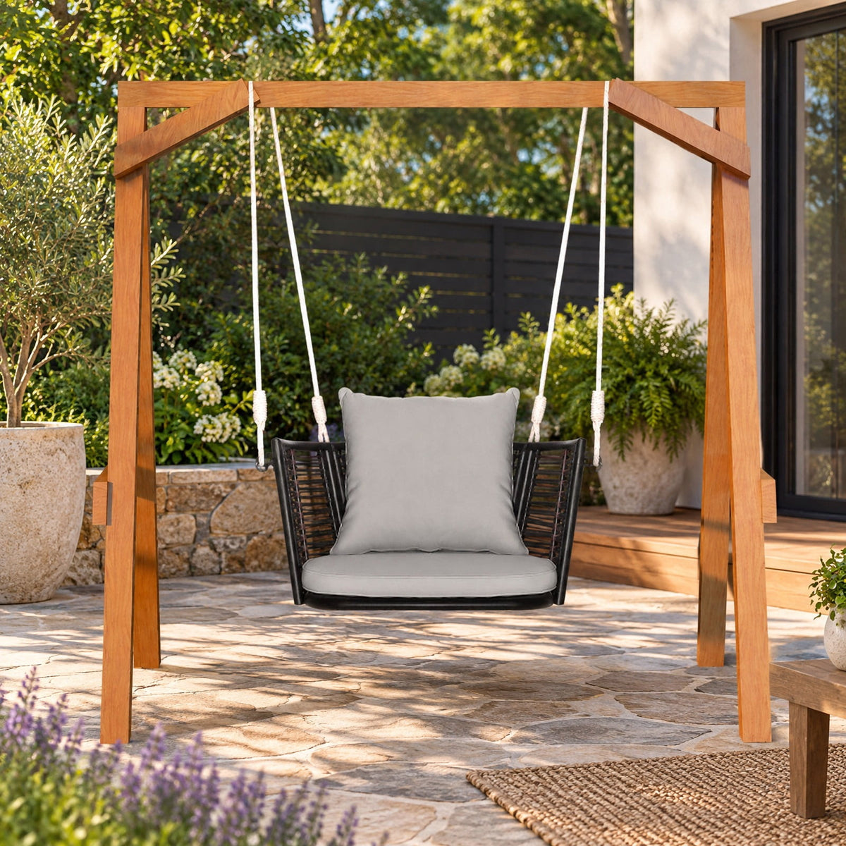 Airfind Single Person Hanging Seat with Woven Rattan Backrest for Backyard, 400 lbs Capacity, 30.5 x 24.5 x 15 Suitable Hanging Footprint, Gray