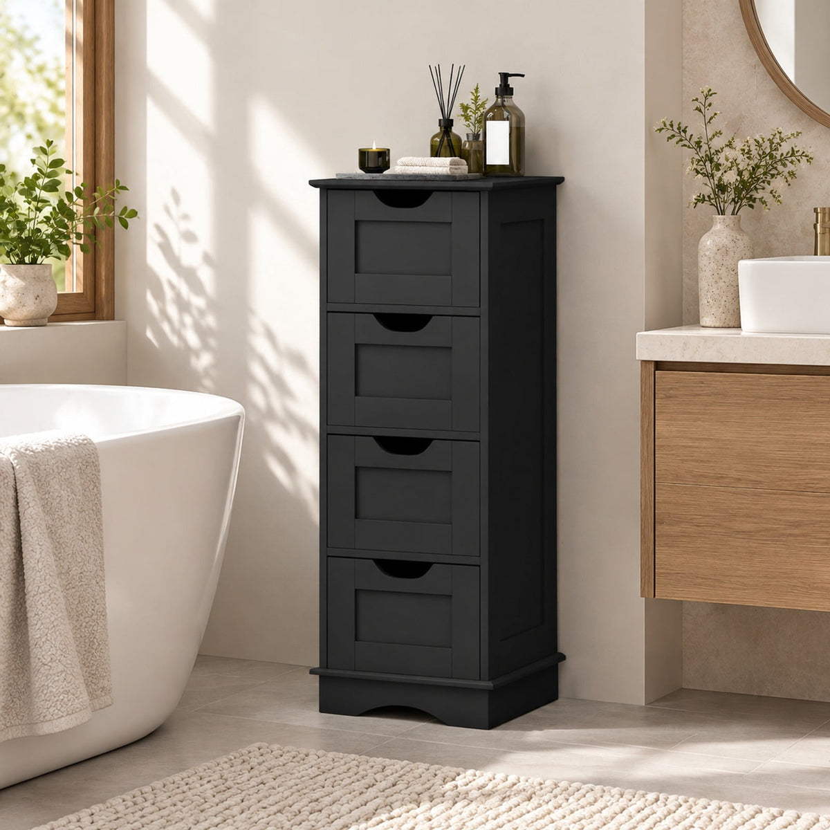 Airfind Bathroom Storage Cabinet featuring Cutout Handles and 4 Drawers, 33 lbs Capacity, MDF Frame, 12 Inch x 12 Inch x 32 Inch Footprint, Black