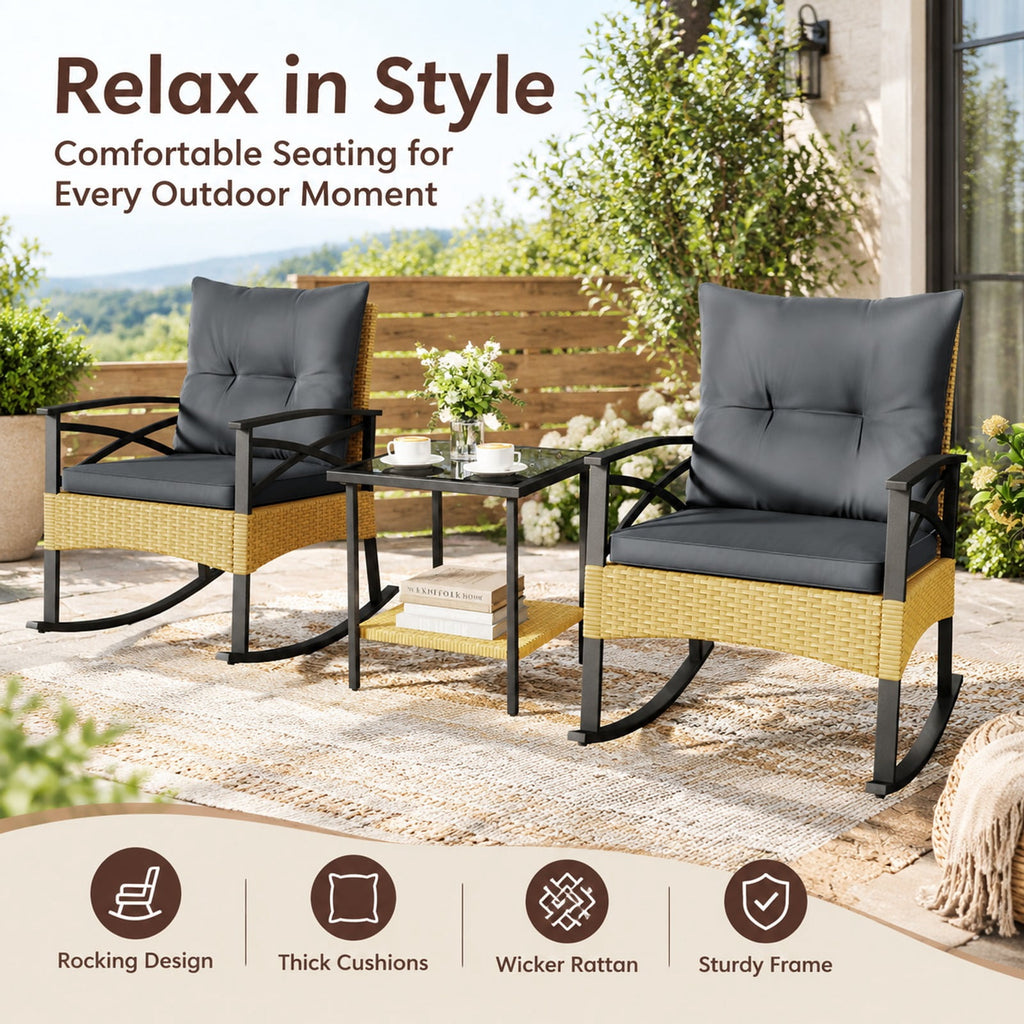Airfind 3 Pieces Outdoor Rattan Rocking Chairs Set with 2-Tier Side Table for Garden Backyard, Table 100 lbs Capacity, 18 x 18 x 18.5 Footprint