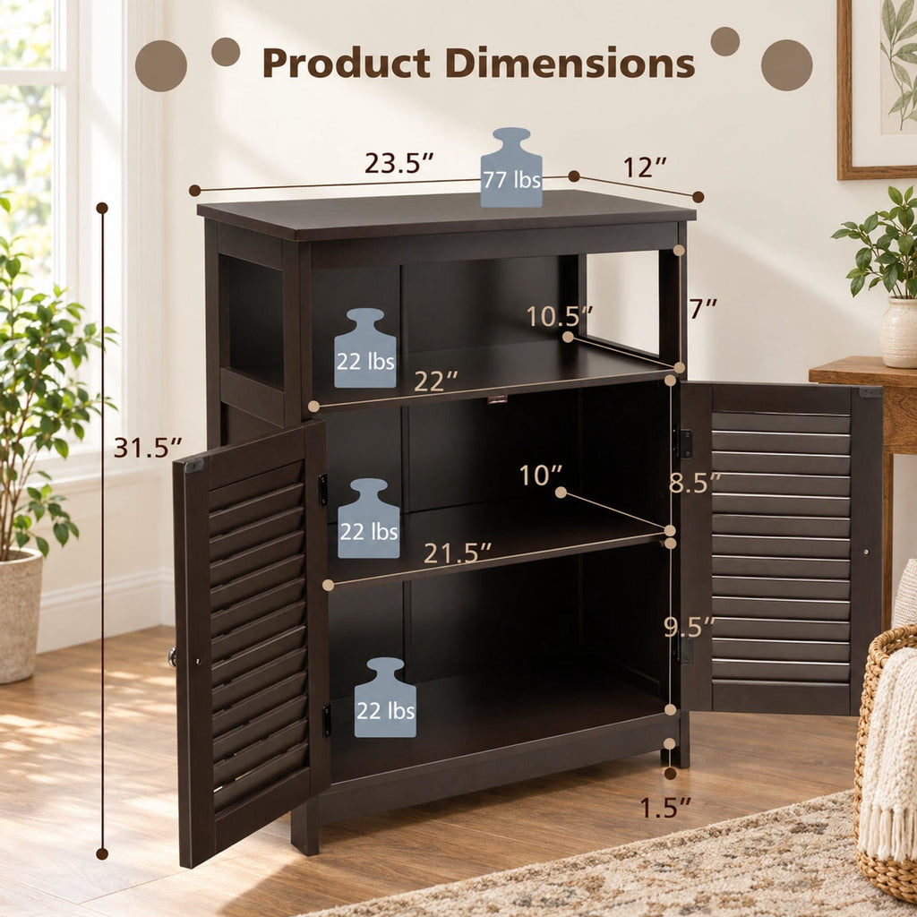 Airfind Wood Freestanding Bathroom Storage Cabinet with Double Shutter Door, 77 lbs Capacity, P2 MDF Frame, 23.5in x 12in x 31.5in Footprint, Brown