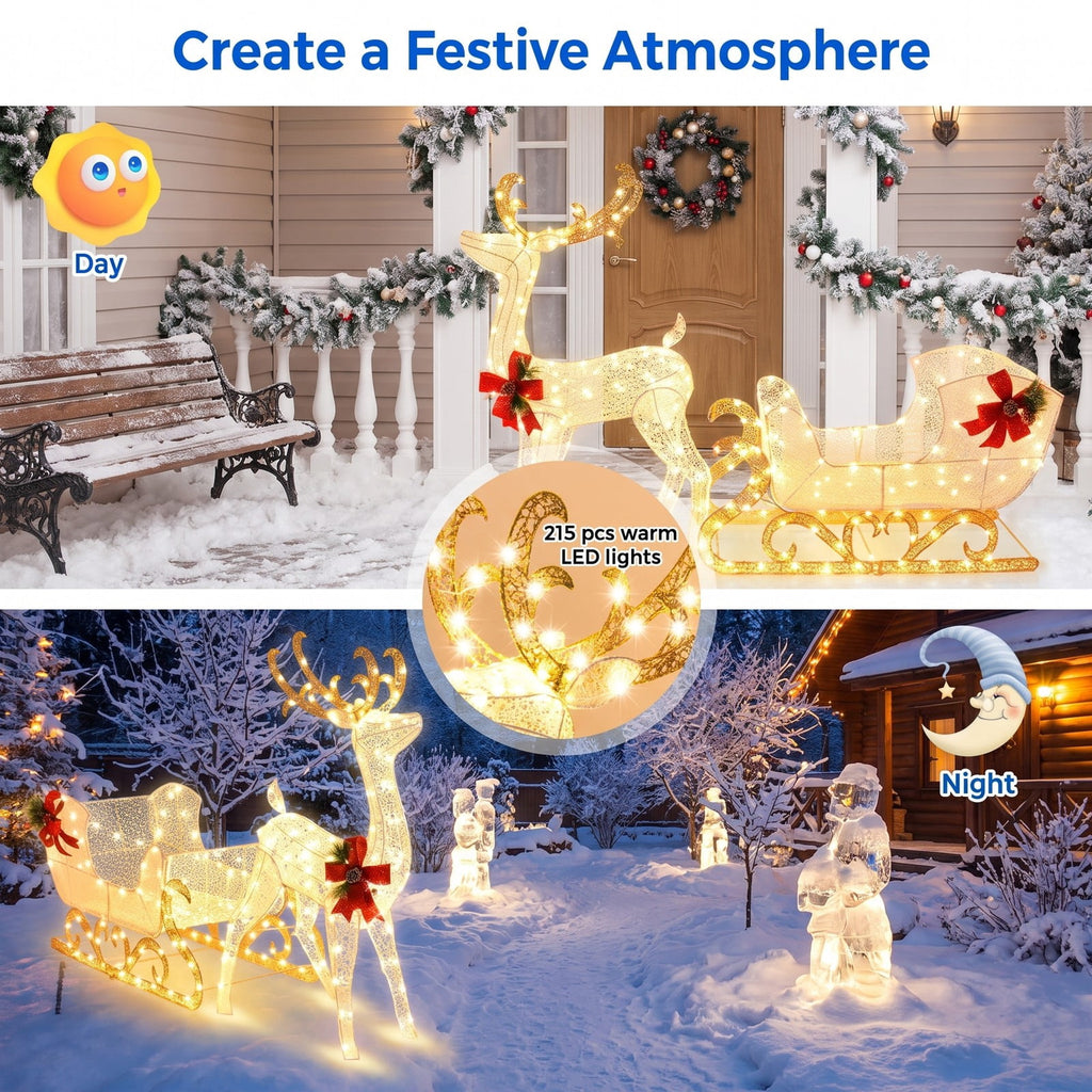 Airfind 6 Feet Christmas Lighted Reindeer and Santas Sleigh Decoration with 4 Stakes, Steel tinsel Frame, 19.5 x 72.5 x 48.5 Footprint