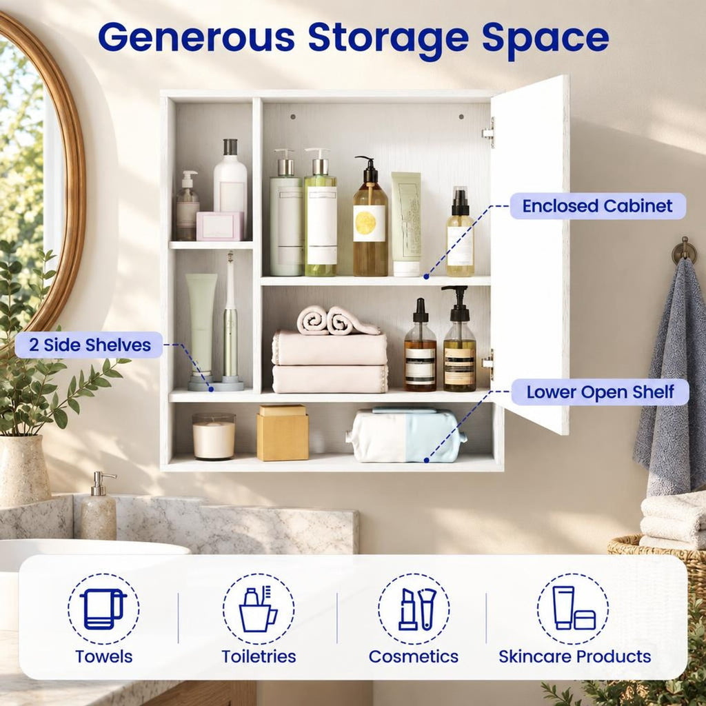 Airfind Wall Mounted Bathroom Cabinet with Mirror Single Door, 176 lbs Capacity, Glass MDF Engineered Wood Frame, 21.5 Inch x 6.5 Inch x 24 Inch Footprint