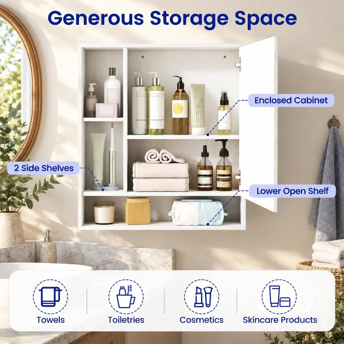 Airfind Wall Mounted Bathroom Cabinet with Mirror Single Door, 176 lbs Capacity, Glass MDF Engineered Wood Frame, 21.5 Inch x 6.5 Inch x 24 Inch Footprint