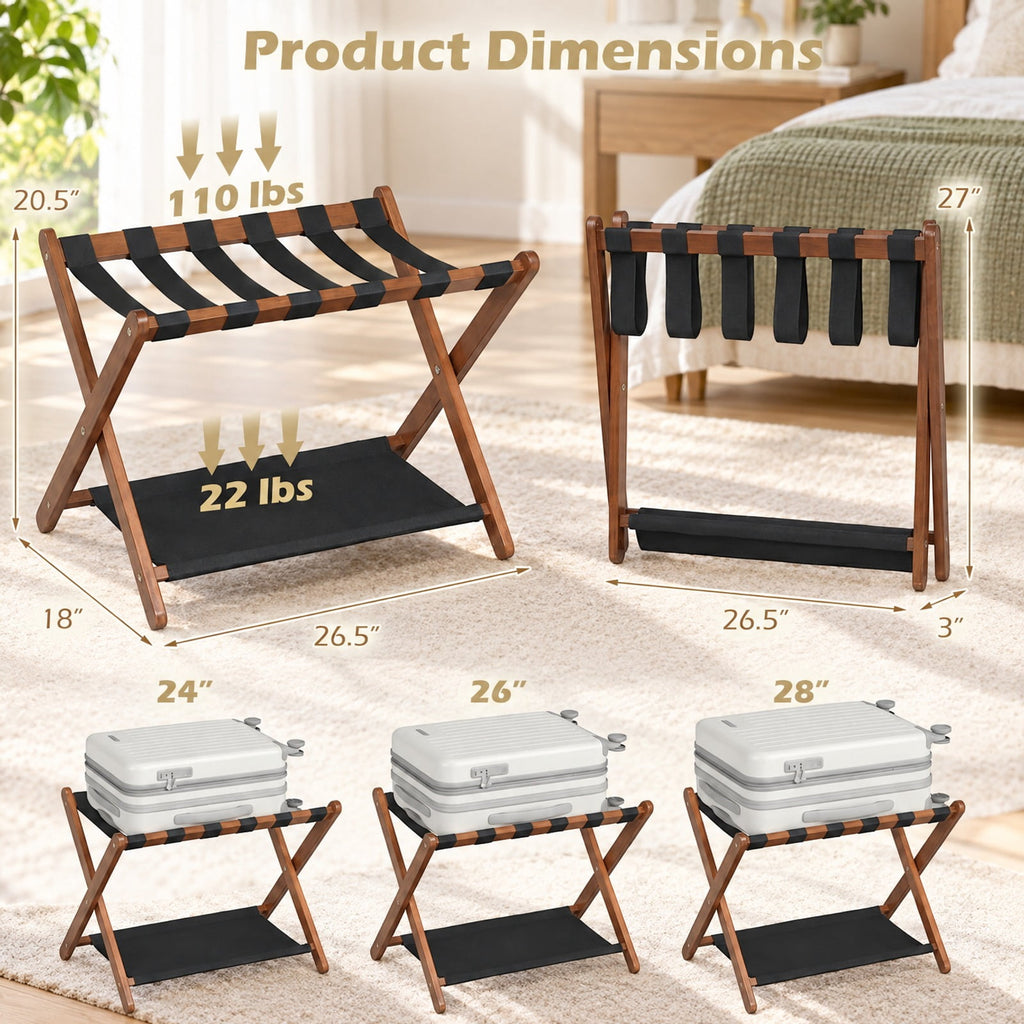 Airfind Solid Rubberwood Folding Luggage Rack with Nylon Shelves, 110 Lbs Capacity, Rubberwood Nylon, 26.5 Inch X 18 Inch X 20.5 Inch, Brown