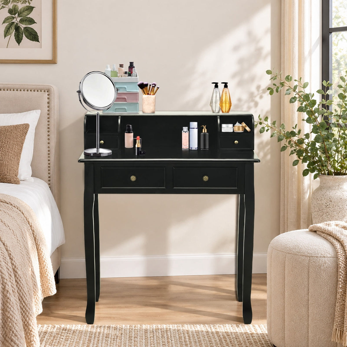 Airfind Writing Desk 2-Tier Vanity Desk Computer Desk with 4 Drawers, 287 lbs Capacity, MDF Frame, 31.5 x 16 x 37 Footprint, Black
