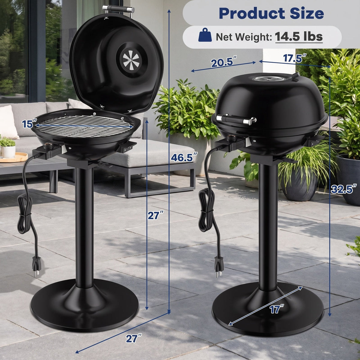 Airfind 1600W Portable Electric BBQ Grill featuring Removable Non-stick Rack, Metal Stainless Steel Frame, 20.5 Inch x 17.5 Inch x 32.5 Inch Footprint, Black