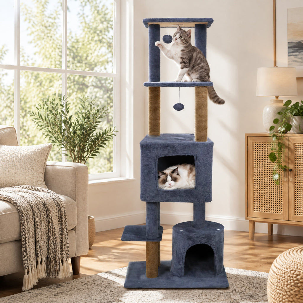 Airfind 64 Inch Tall Cat Tree with 2 Large Condos and Jute Scratching Posts for Indoor Adult Cats, 33 lbs Capacity, Dark Grey