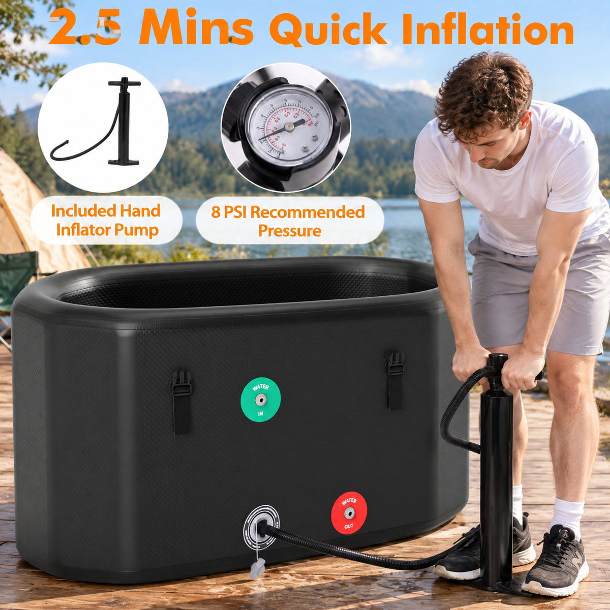 Airfind XL 129 Gal Oval Ice Bath Tub with Cover and Hand Pump for Athletes, 800 lbs Recommended Pressure 8 PSI Capacity, PVC Frame, Black
