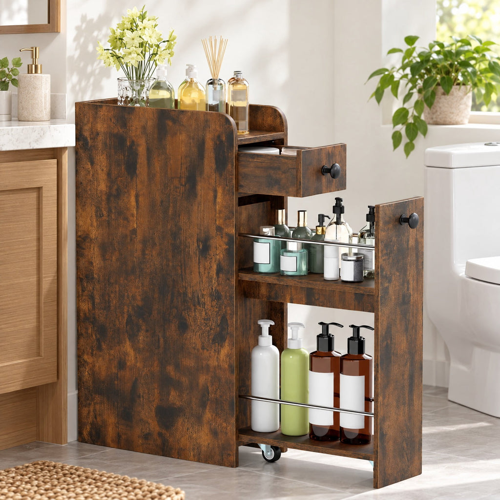 Airfind Bathroom Storage Cabinet, Small, 4-Tier with Slide Out Drawers on Casters, 66 lbs Capacity, MDF Frame, 16 Inch x 7 Inch x 27.5 Inch Drawer, Brown