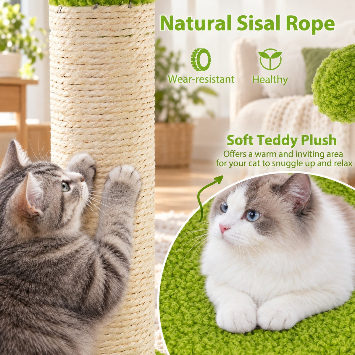 Airfind Cute Cat Tree for Adult Cats Multi-level Kitty Tower, Engineered Wood EVA Sisal Teddy Fleece Product Height 48 Base Frame, Green