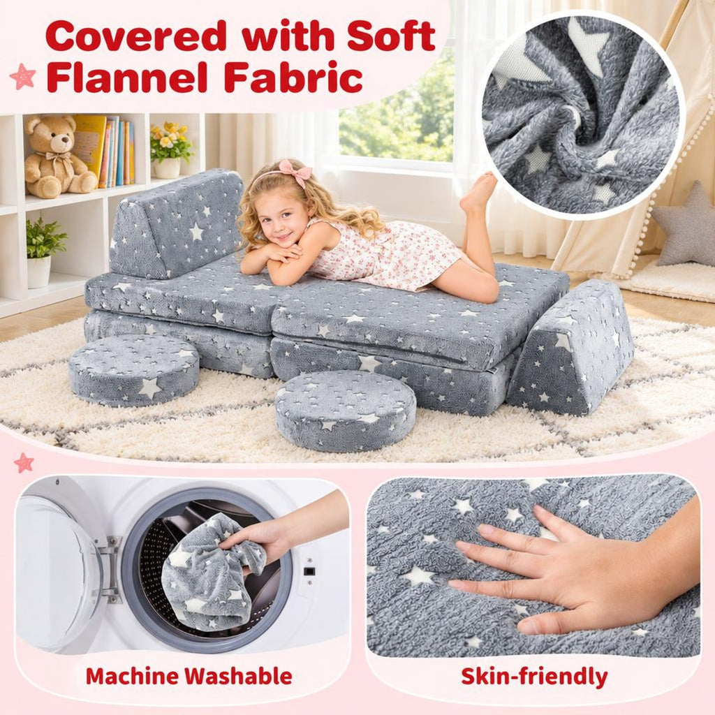Airfind Modular Youth Play Couch Set Glow in the Dark with Portable Handles, Flannel Fabric Sponge, for 3 and Years Old, Gray