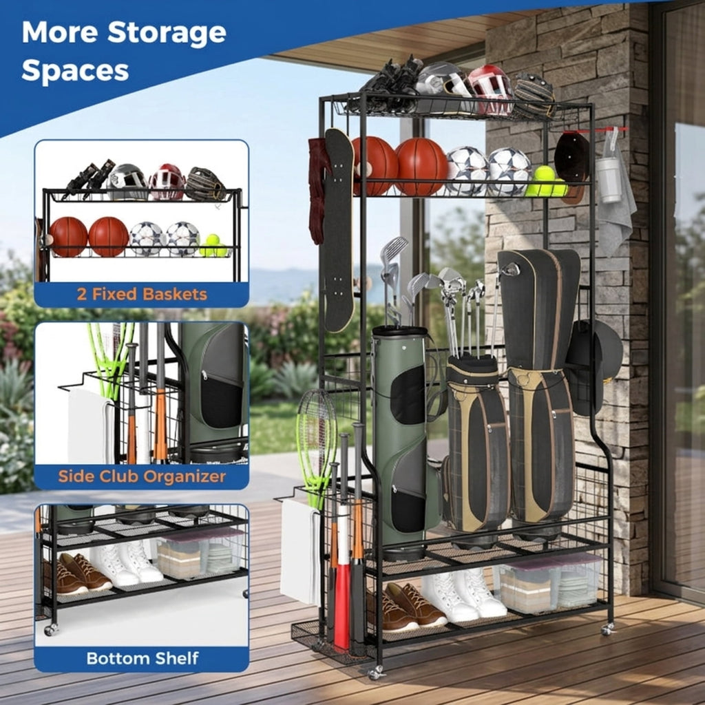 Airfind Mobile Golf Bag Storage Organizer for 3 Bags with Club Rack and Baskets and Locking Casters for Garage and Basement, Black