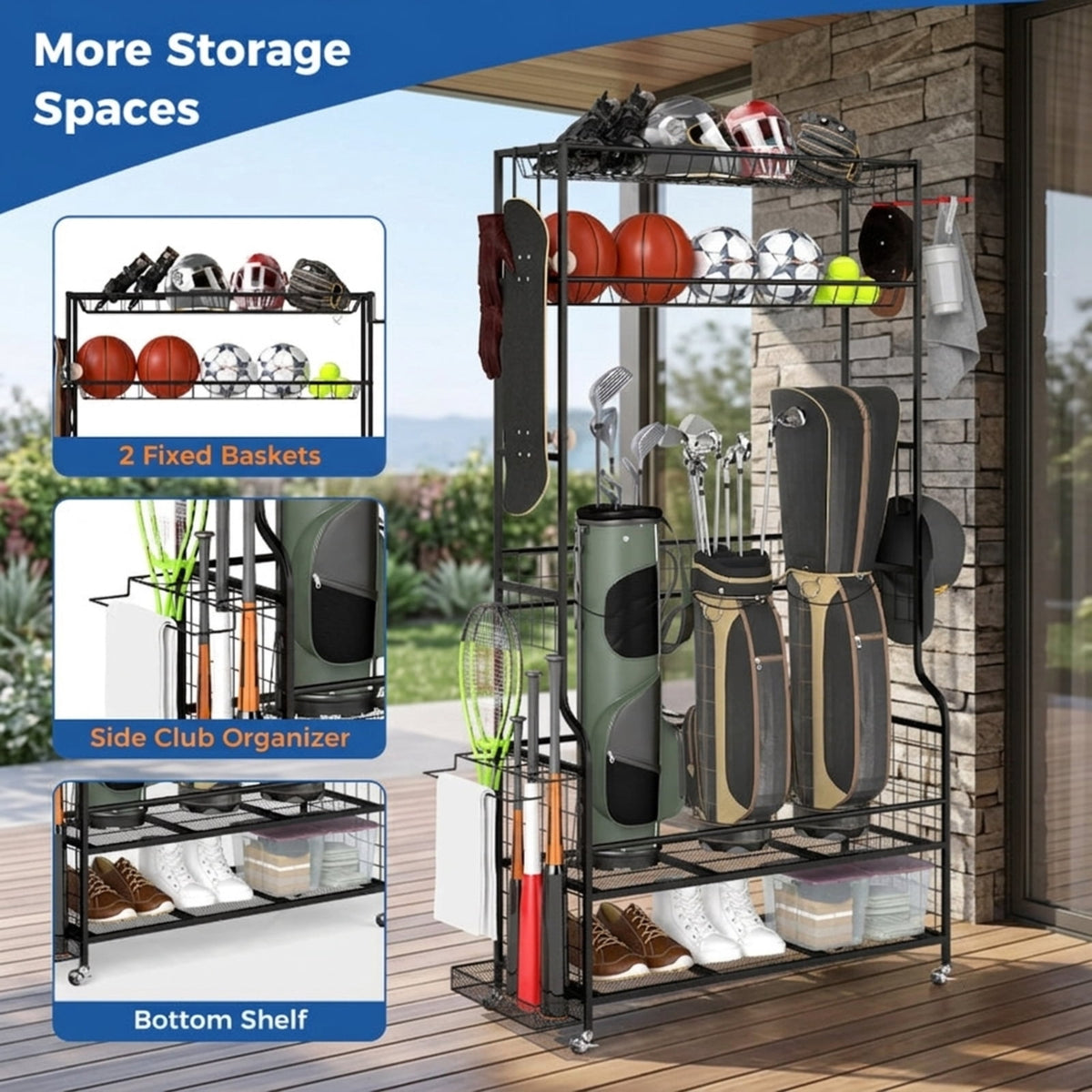 Airfind Mobile Golf Bag Storage Organizer for 3 Bags with Club Rack and Baskets and Locking Casters for Garage and Basement, Black