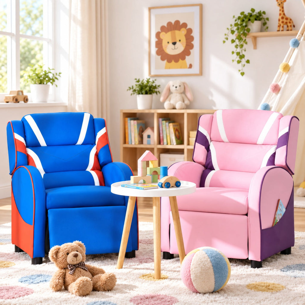 Airfind Kids Leather Recliner Chair with Side Pockets, Solid wood PU leather sponge plastic iron Frame, for 3-9 years old, Pink
