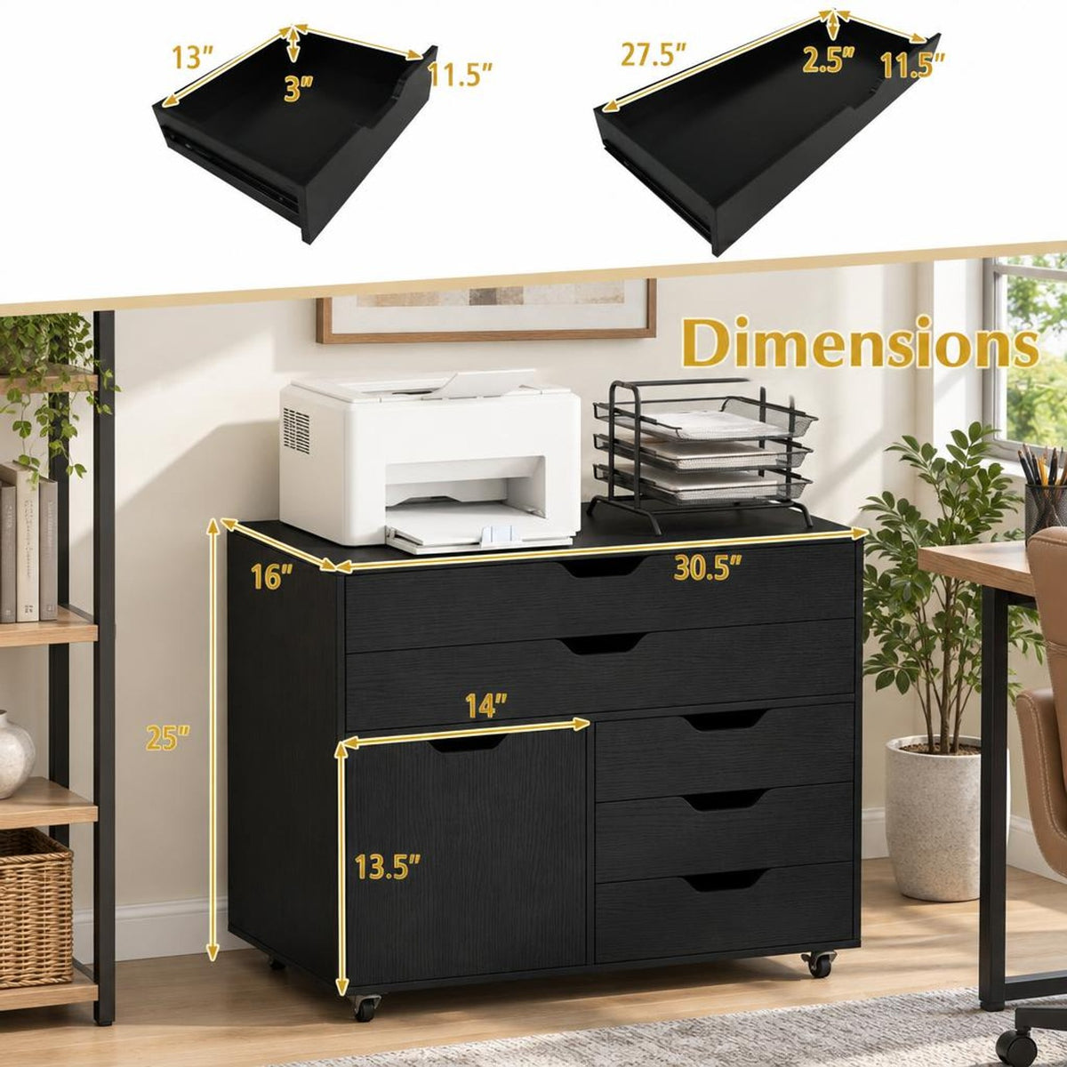 Airfind Modern Vertical 5-Drawer Mobile Chest with Door 5 Casters, 220 lbs Capacity, Engineered Wood MDF Metal Frame, 30.5in x 16in x 25in Footprint
