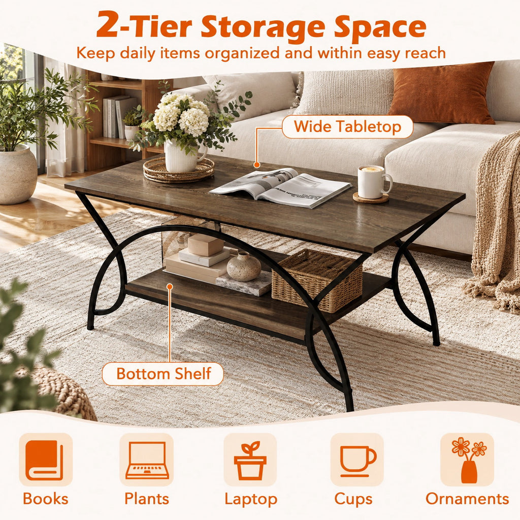 Airfind 2-Tier wood grain Coffee Table with wood grain top and Metal Frame, 110 lbs Capacity, Engineered wood steel Frame, Oak