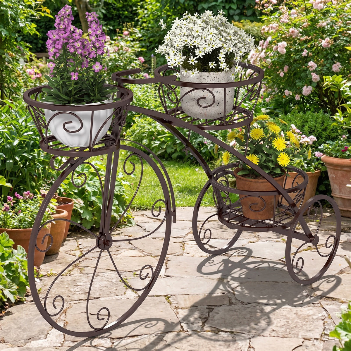 Airfind Tricycle Plant Stand Flower Pot Cart Holder with 3 Hollowed Baskets, Basket 11 LBS Capacity, Metal Frame, 33 x 10 x 20 Footprint, Bronze