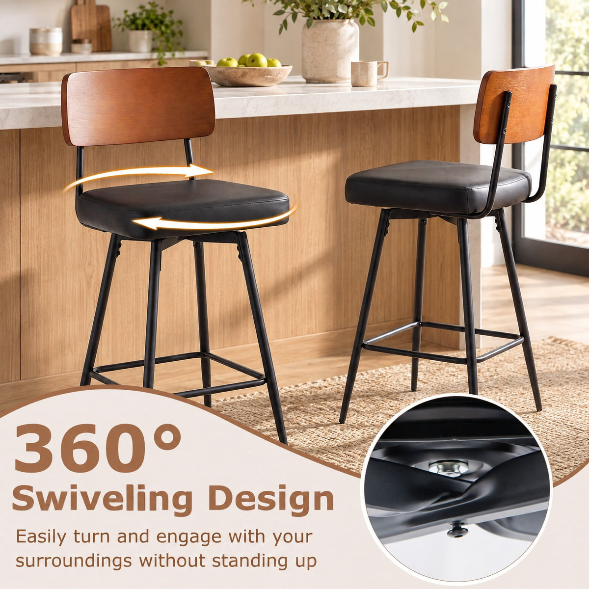 Airfind 27 Inch Padded Counter, Barstools Set of 2 with Metal Legs, 330 lbs Capacity, Metal Plywood PU Leather Sponge Frame, Black