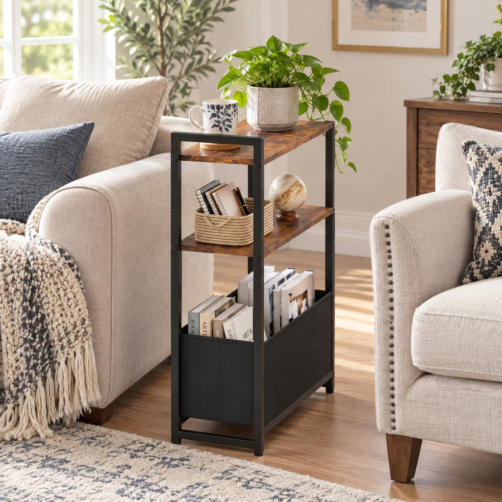Airfind Narrow End Table with Storage Shelves and Metal Frame, 25 lbs Capacity, Engineered Wood Metal Fabric Frame, 19 x 8 x 25.5 Footprint