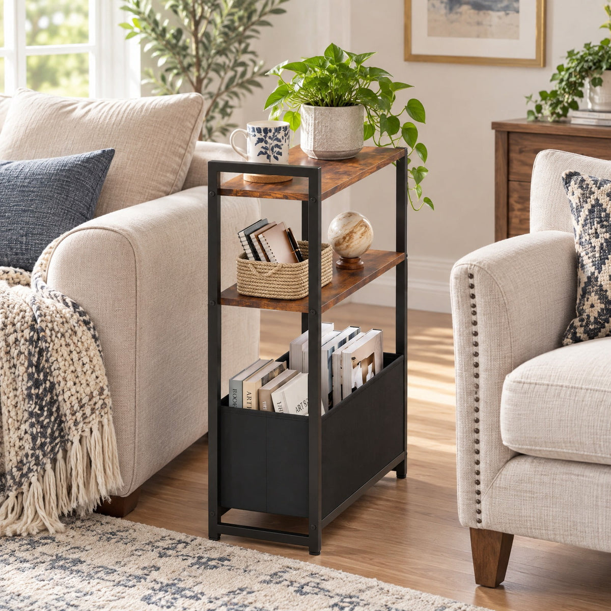 Airfind Narrow End Table with Storage Shelves and Metal Frame, 25 lbs Capacity, Engineered Wood Metal Fabric Frame, 19 x 8 x 25.5 Footprint