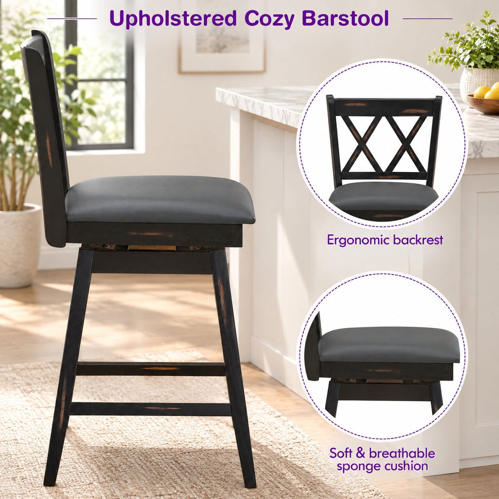 Airfind 2 Pieces 24 Inch Swivel Counter Height Barstool Set with Rubber Wood Legs, 264 lbs Capacity, PVC High density sponge rubber wood Frame
