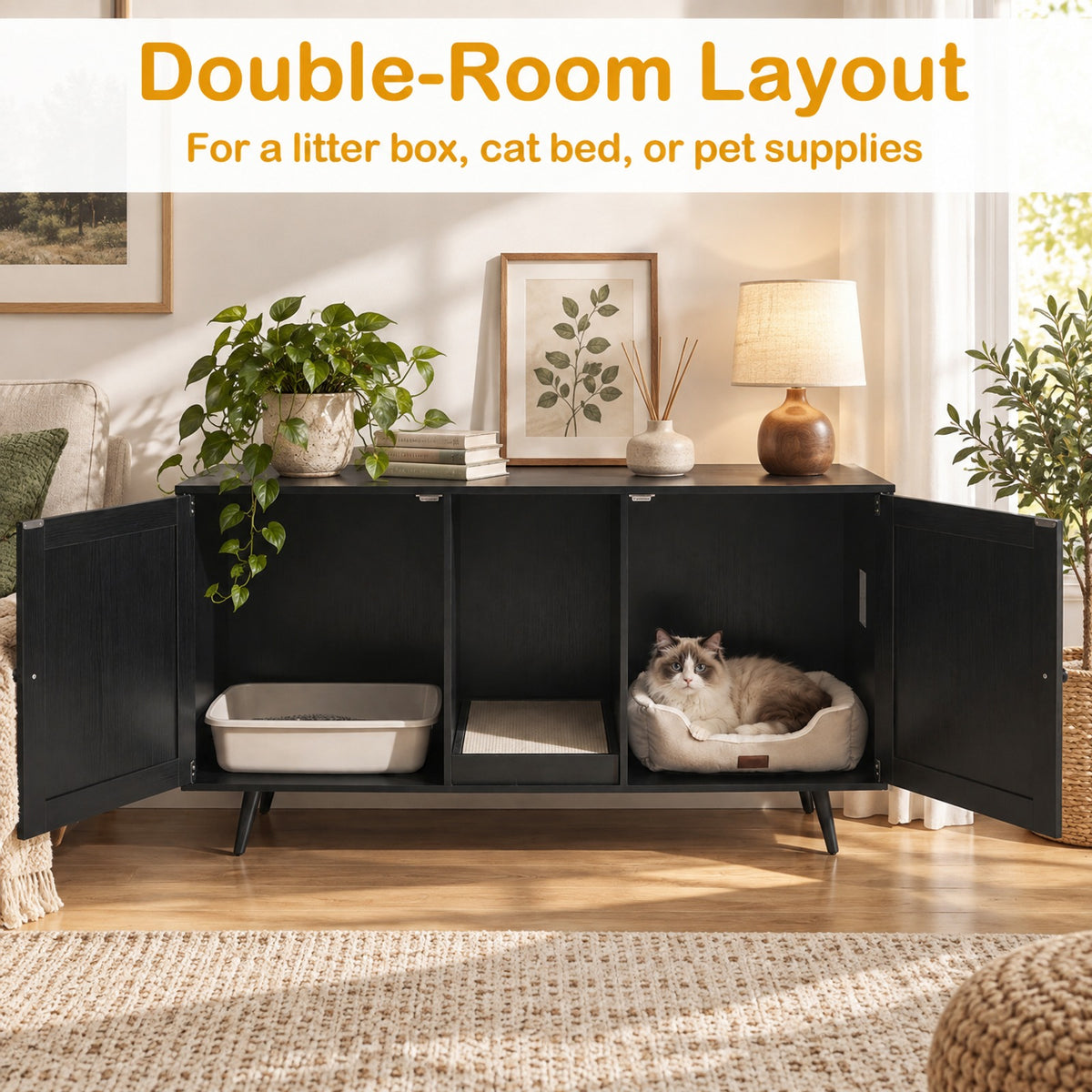 Airfind Double Cat Litter Box Enclosure for 2 Cats with Scratching Pad and Double Rooms, Engineered Wood Frame, Black