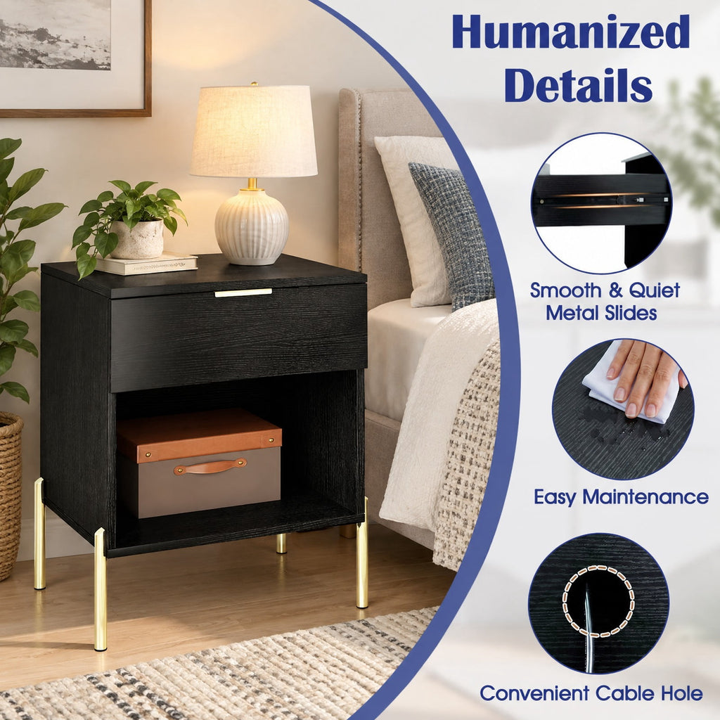 Airfind Modern Nightstand with Charging Station, Engineered Wood Metal MDF Frame, 18in x 16in x 23in Interior Footprint, Black