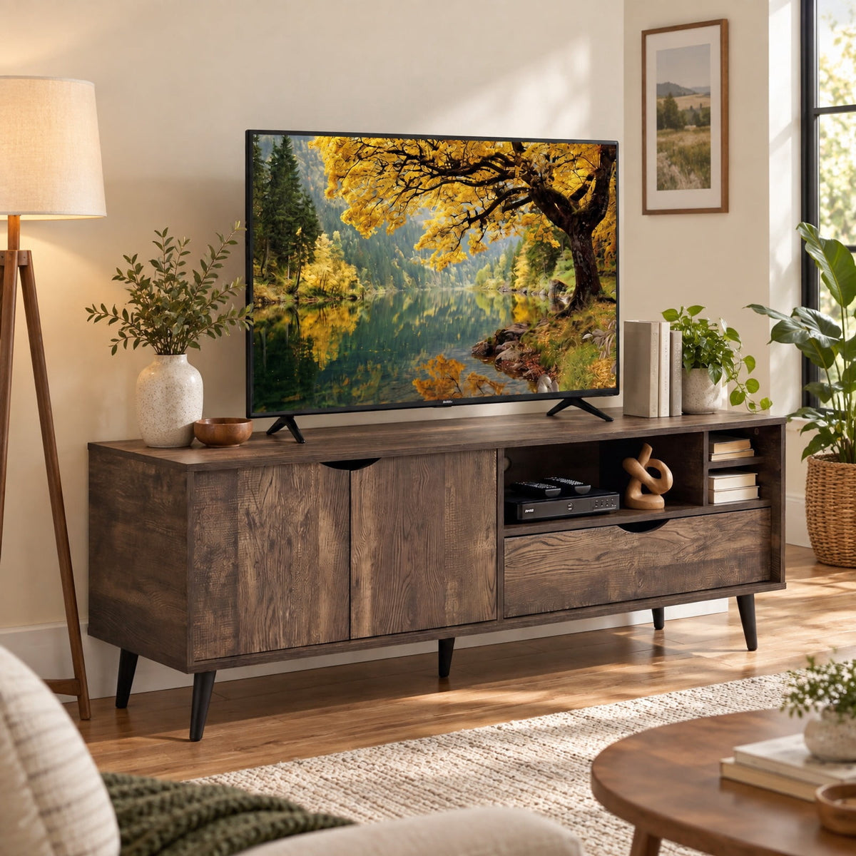 Airfind TV Stand for TVs up to 65 Inches Rustic Entertainment Center, 285 lbs Capacity, Engineered Wood MDF Plastic Frame, Brown