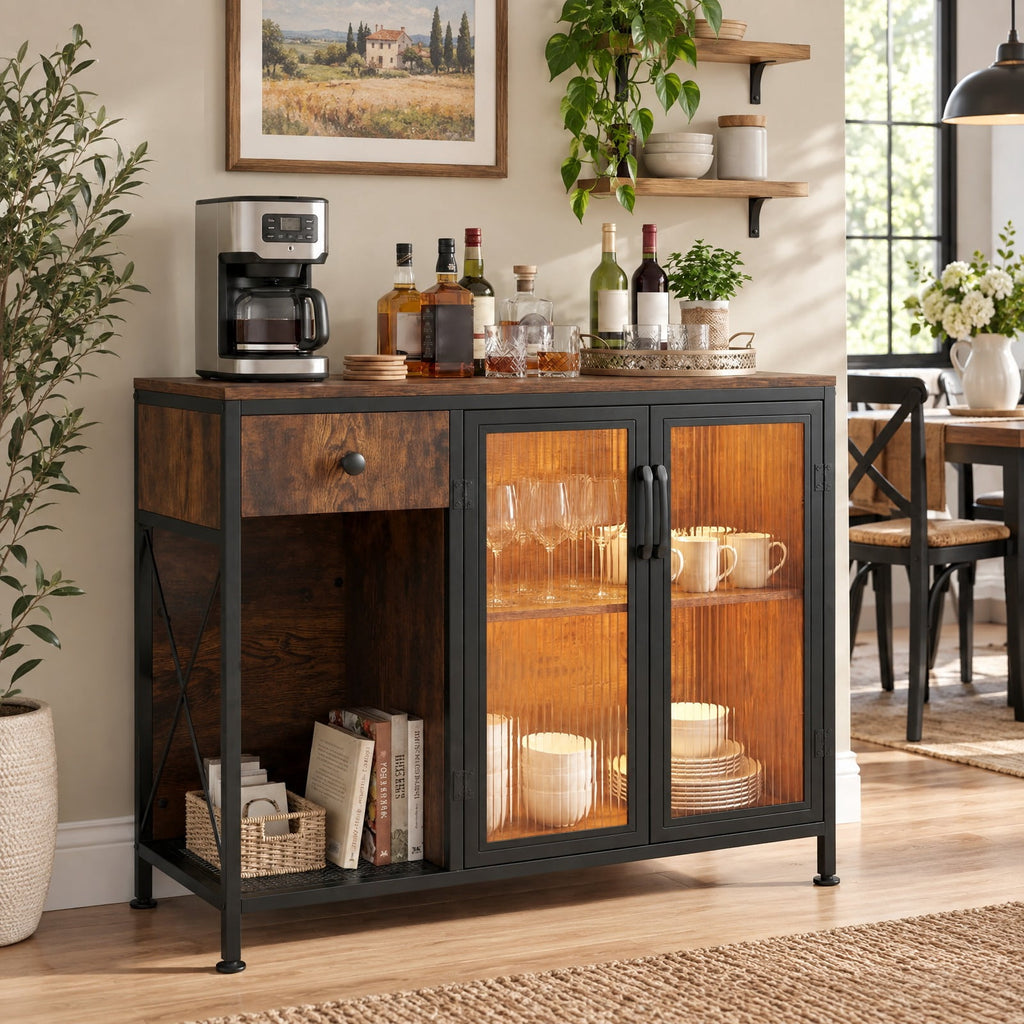 Airfind Buffet Sideboard with Doors, Power Outlets and LED Light, 110 lbs Capacity, Engineered Wood Cabinet for Dining Room, Brown
