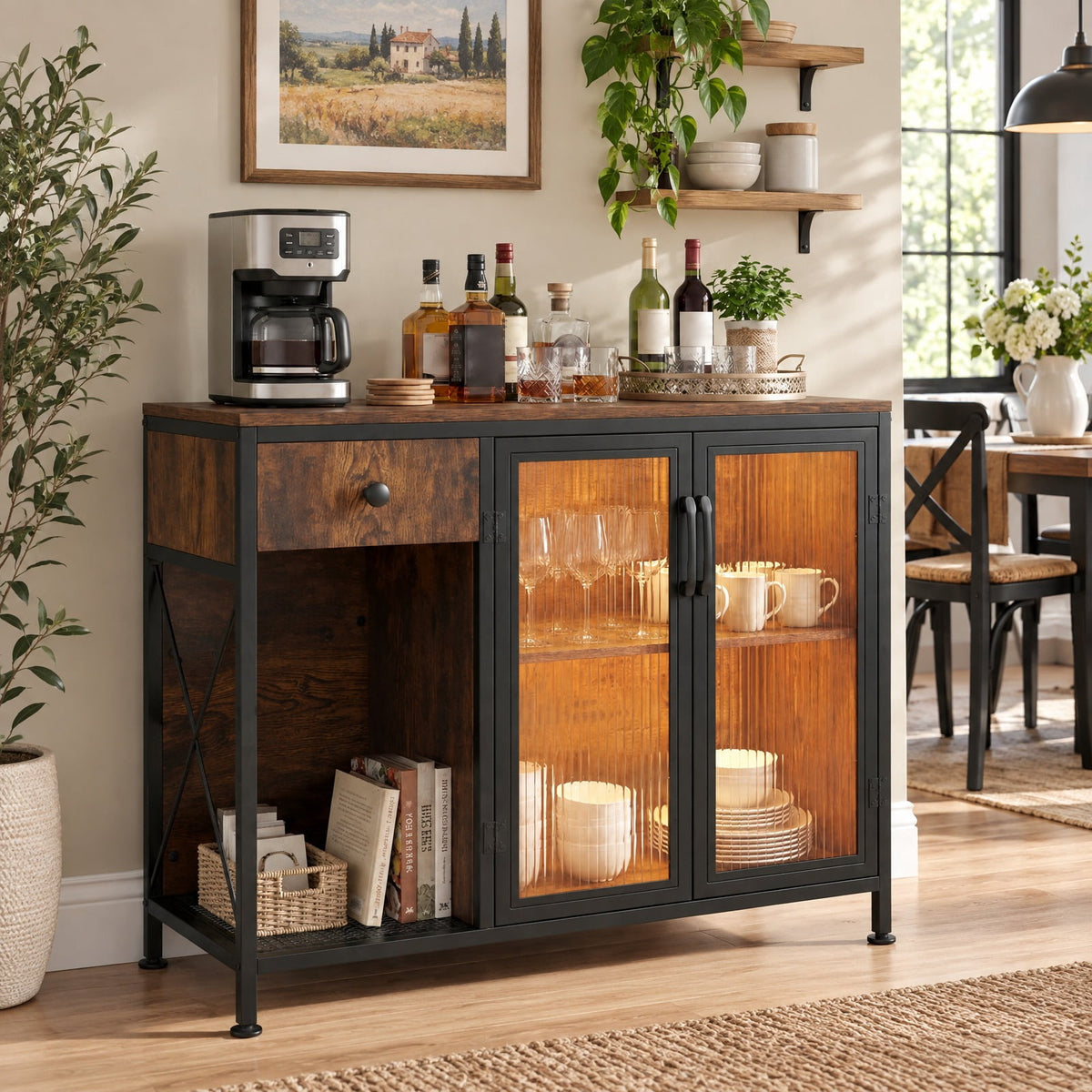 Airfind Buffet Sideboard with Doors, Power Outlets and LED Light, 110 lbs Capacity, Engineered Wood Cabinet for Dining Room, Brown
