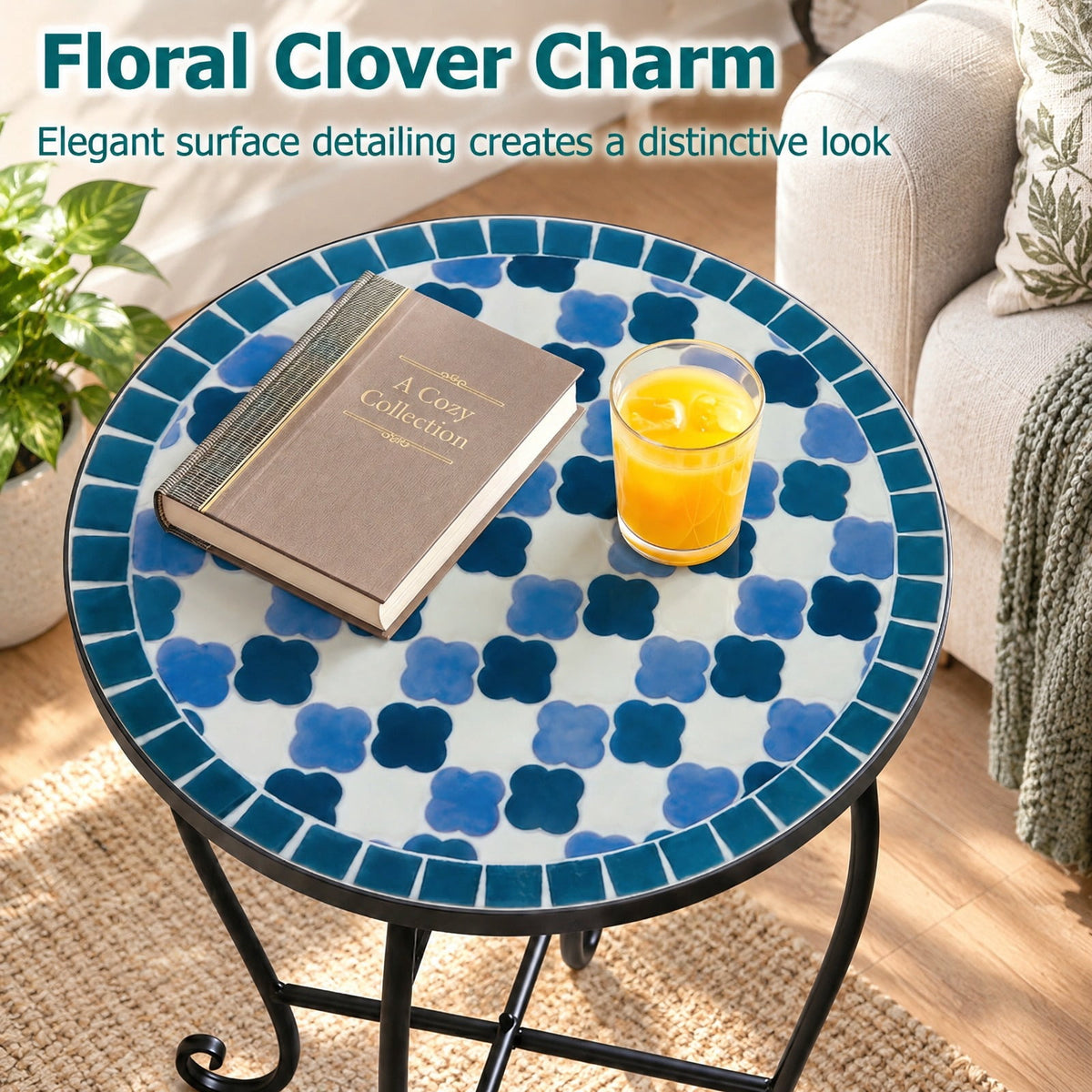 Airfind 14 Inch Floral Clover/Blooming Lotus/Bright Sunflower Mosaic Patio Accent Coffee End Table, 35 lbs Capacity, Metal Frame, 14 Inch x 20 Inch Footprint