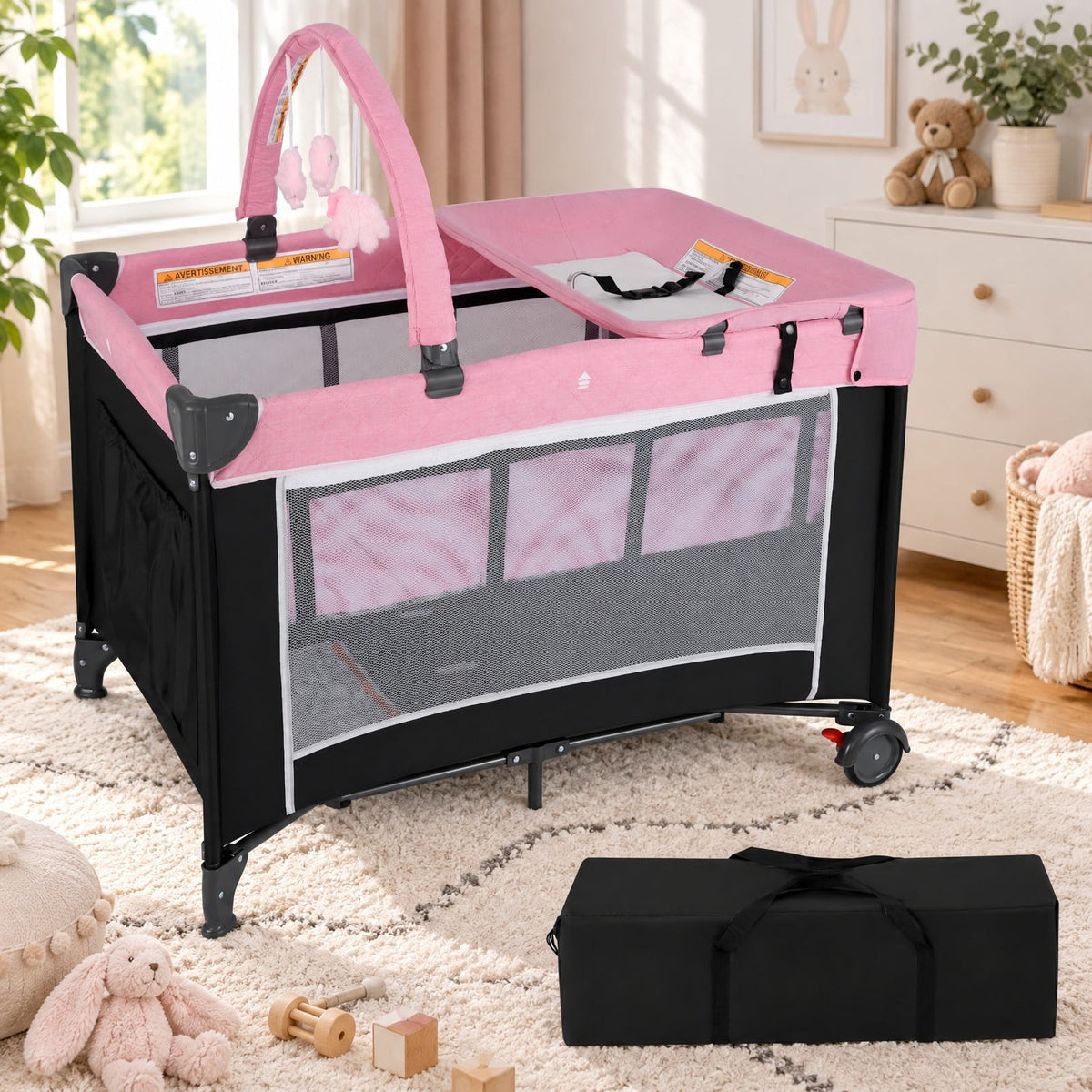 Airfind 3-in-1 Portable Baby Crib and Playpen with Changing Table, 19.8 lbs Capacity, Oxford Fabric PP Metal Mesh Cloth Frame, for 0-3 years old