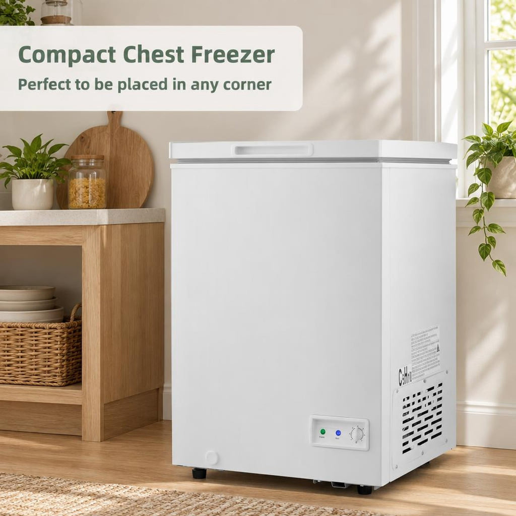 Airfind 3.5/5 Cu.ft Compact Chest Freezer with Removable Storage Basket-3.5 Cubic, Steel PVC aluminum liner Adjustable temperature Frame, White
