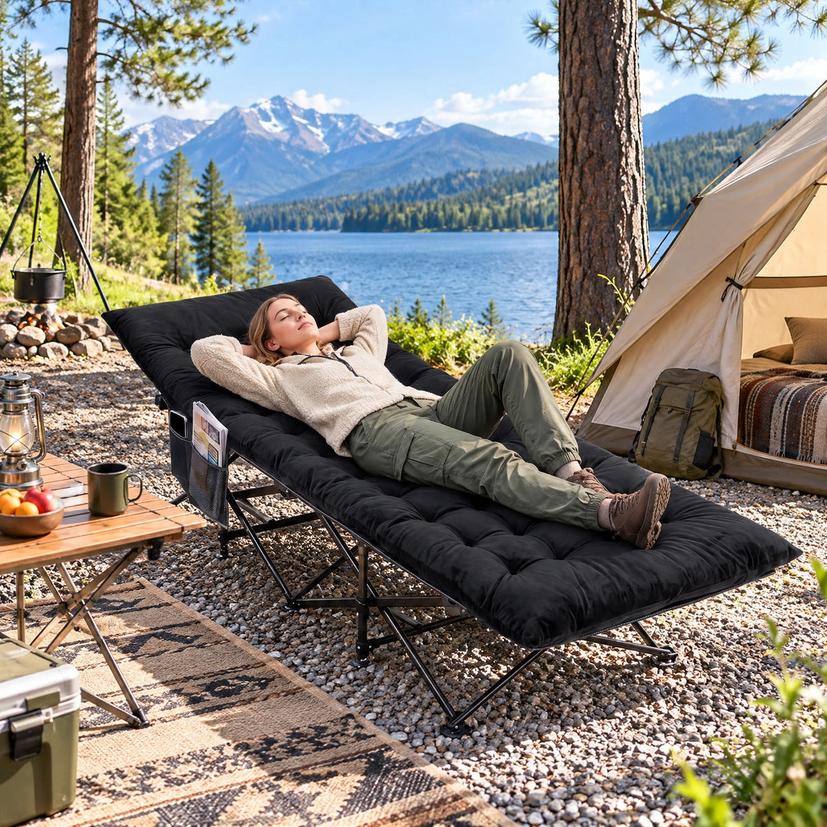 Airfind Camping Cot for Adults with Soft Padded Mat and Carrying Bag, 330 lbs Capacity, 600D Oxford Fabric Metal Crystal Velvet PP Cotton Frame