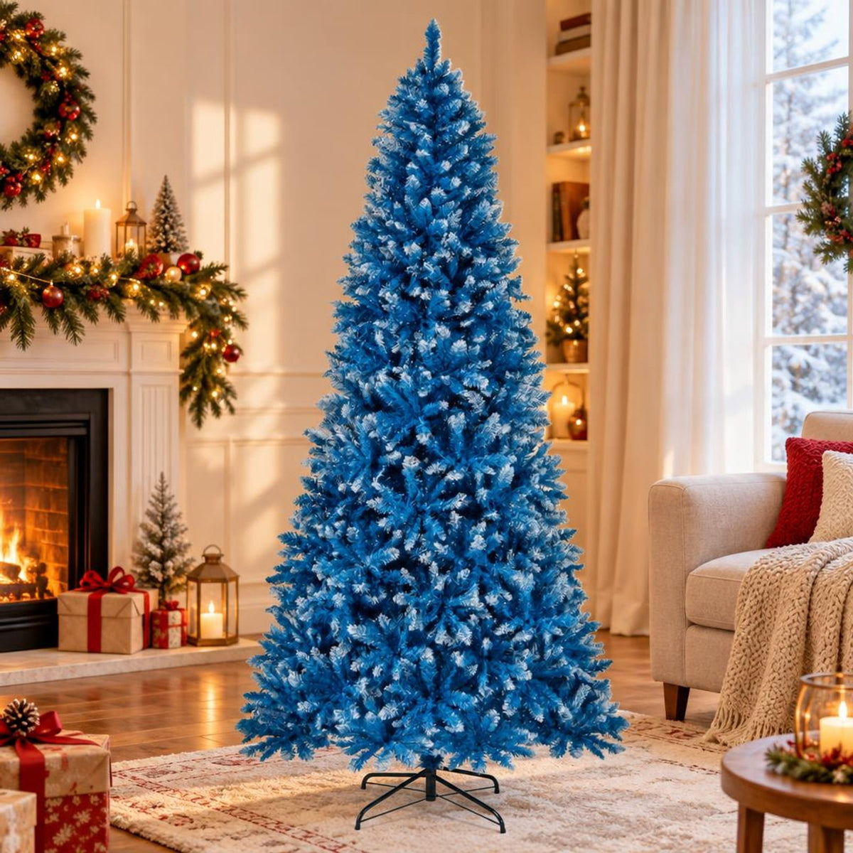 Airfind 6/7/8/9 FT Artificial Christmas Tree with 767 Snowy Branch Tips-8 FT, PVC Metal Frame, 3.1 x 6 ft Footprint, Blue