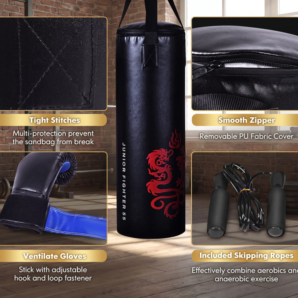 Airfind 5 Piece 40 Pound Filled Hanging Punching Bag Boxing Set with Gloves Jump Rope and Rucksack for Home Training, Black