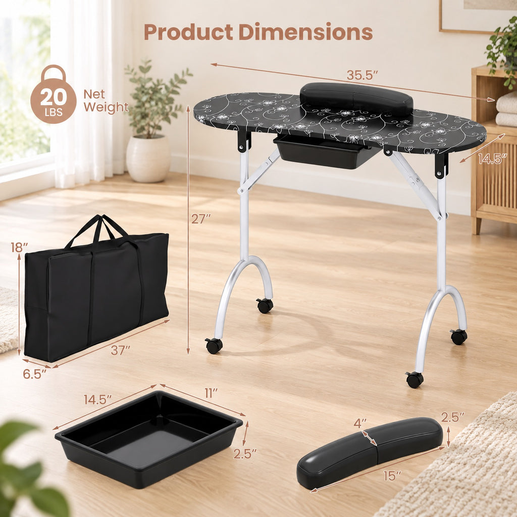 Airfind Foldable Portable Manicure Table with Drawer Casters and Cushion, MDF Metal Frame, 35.5 x 14.5 x 27 Footprint, Black