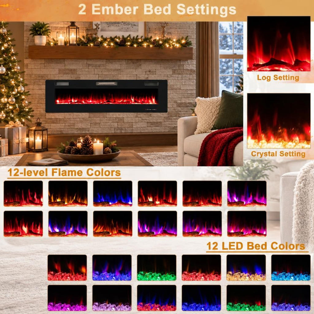 Airfind 68-Inch Electric Fireplace, Recessed or Wall Mounted, 12 Flame Colors, Remote, 1500W, for Living Room for Everyday Use, Black