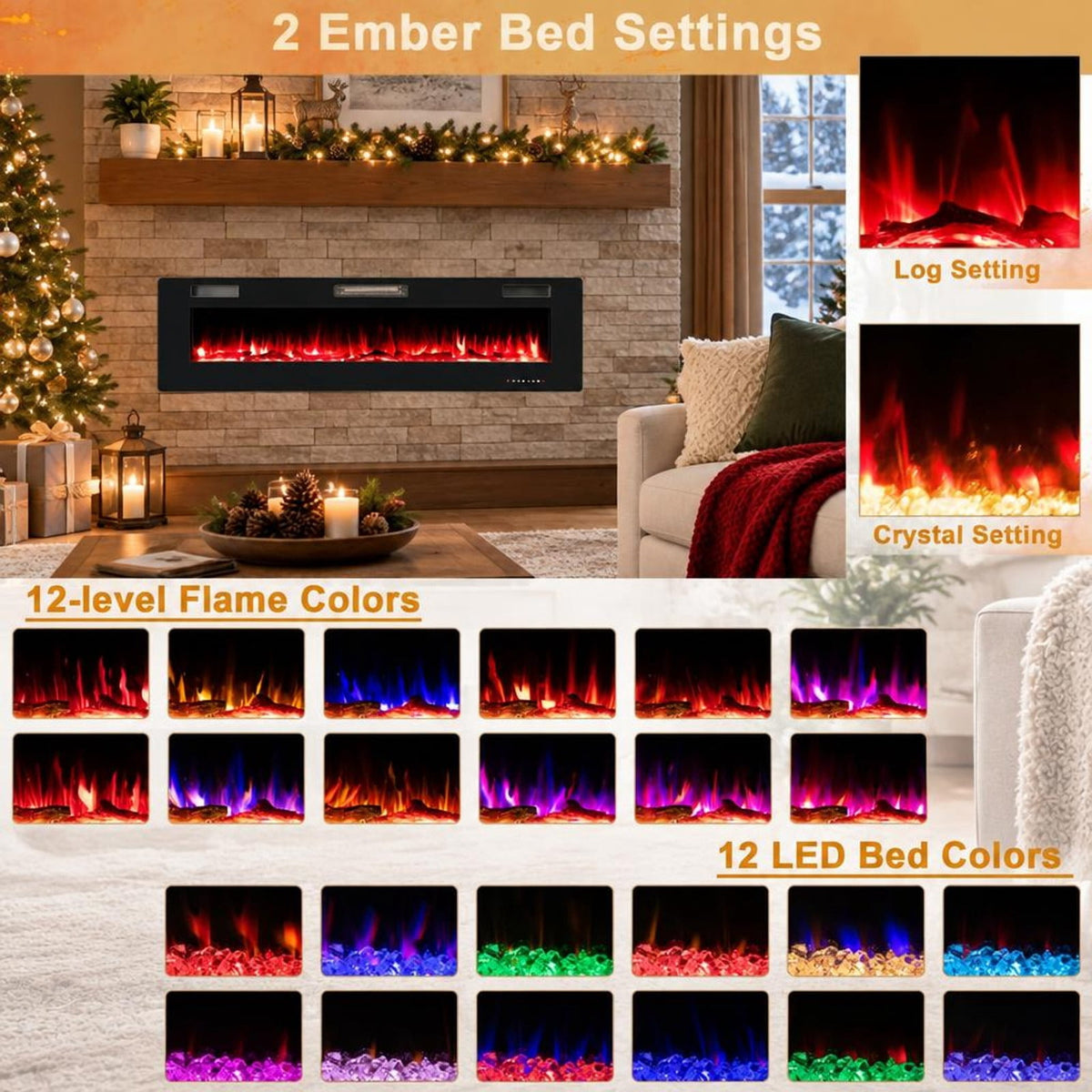 Airfind 68-Inch Electric Fireplace, Recessed or Wall Mounted, 12 Flame Colors, Remote, 1500W, for Living Room for Everyday Use, Black