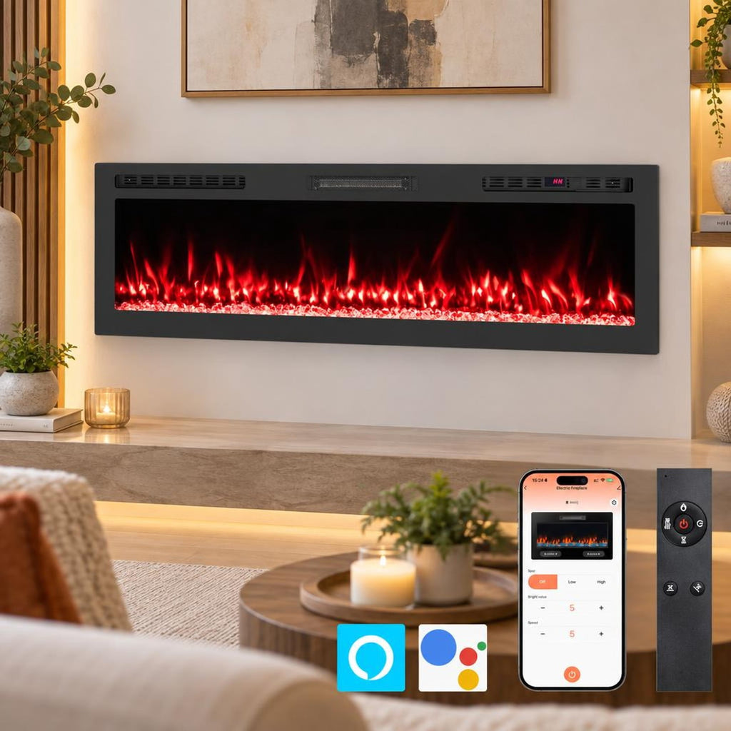 Airfind Smart WiFi Electric Fireplace Wall Mounted and Recessed 750W/1500W Heater-60 Inch, Black, Power Cord 5 ft Net Weight-36in 29.5 lbs
