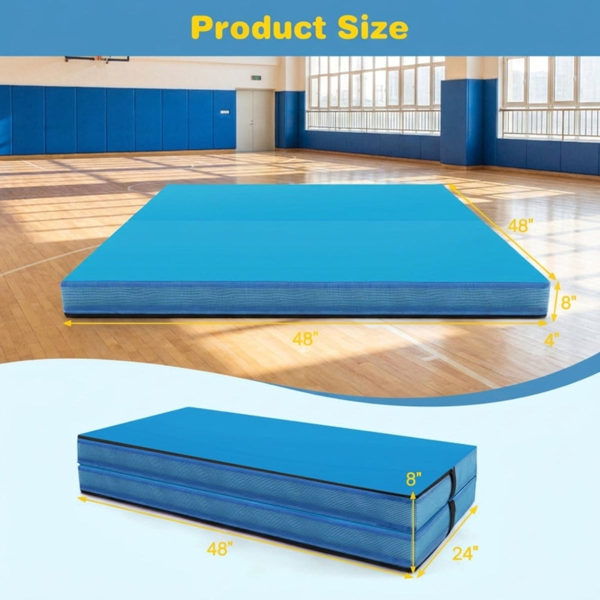 Airfind 4 x 4 FT Bi-Folding Gymnastic Tumbling Mat with Carry Straps and Washable Cover, 4 Inch Thick Foam Exercise Mat, Blue
