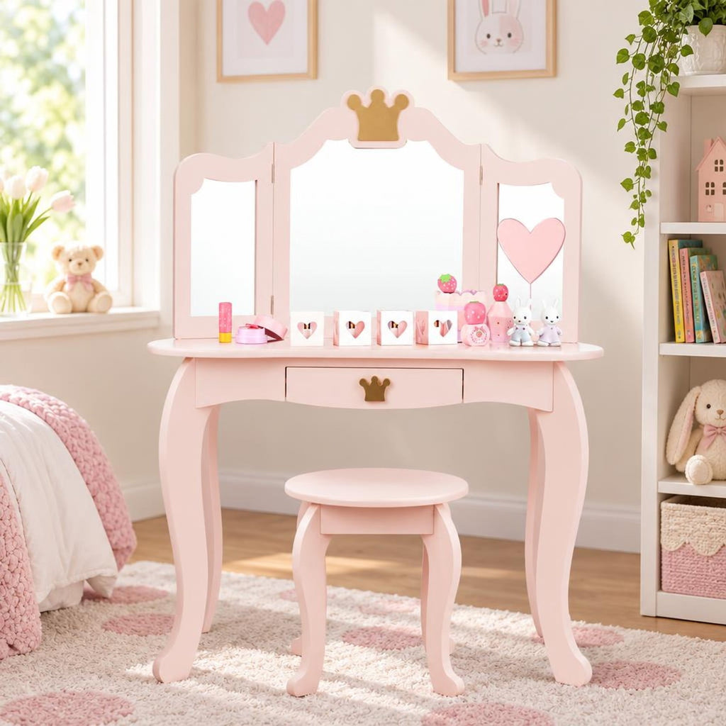 Airfind Kids Makeup Dressing Table with Tri-folding Mirror and Stool, 33 lbs Capacity, MDF pine Frame, 31.5in x 16.5in x 41.5in Footprint, Pink